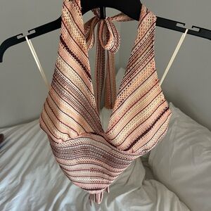 Pink striped crochet-like halter tanktop, open back, women’s size M